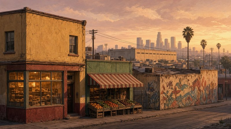 A row of small, colorfully painted neighborhood shops in Boyle Heights at golden hour, including a bakery with glowing windows, a market with fruit crates under a striped awning and a mural-covered wall, with a large windowless warehouse and the downtown Los Angeles skyline in the hazy distance.