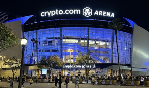 Exterior of Crypto.com Arena in 2023 with permanent signage.