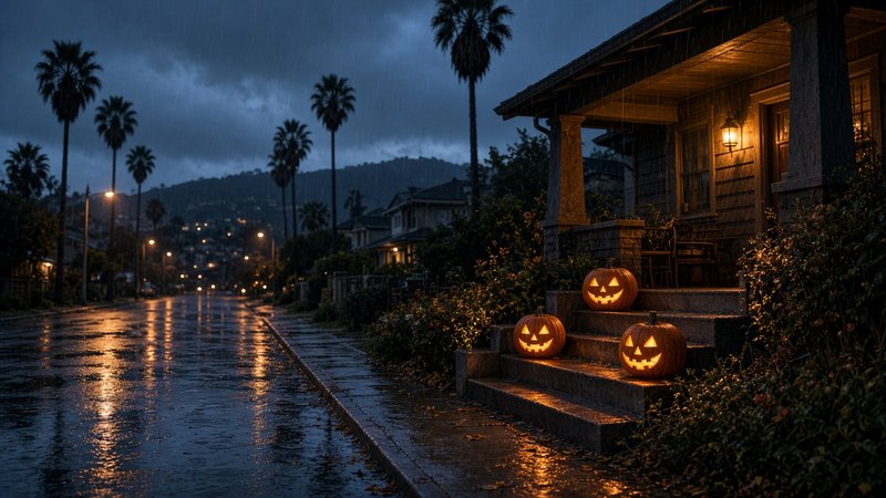 Three glowing jack-o'-lanterns sit on the wet front steps of a Craftsman bungalow on a rain-slicked Los Angeles street lined with palm trees, under dark storm clouds at dusk.