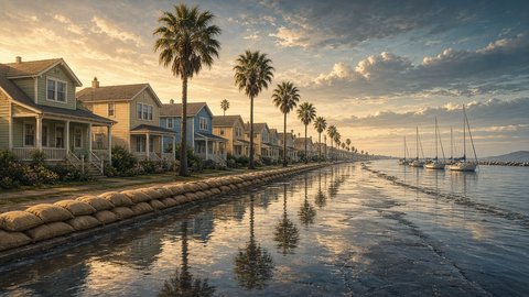 Shallow seawater covers a coastal street lined with sandbags, palm trees and pastel beach cottages, beside a harbor of moored sailboats under a golden morning sky.