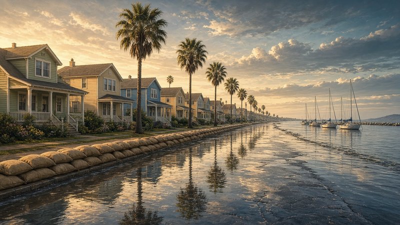 Shallow seawater covers a coastal street lined with sandbags, palm trees and pastel beach cottages, beside a harbor of moored sailboats under a golden morning sky.