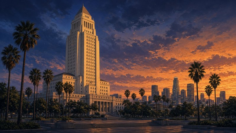 Los Angeles City Hall's white stepped tower glows gold at dusk above a quiet plaza lined with palm trees, with downtown skyscrapers against an orange and indigo sky.