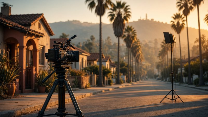 A cinema camera on a tripod and a single light stand stand ready on an empty, palm-lined Los Angeles side street of Spanish-style bungalows at golden hour, with the Hollywood Hills in the hazy distance.