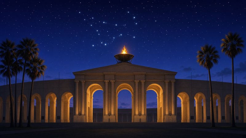 A grand stadium colonnade of tall arches glows gold at dusk beneath a flaming cauldron, flanked by palm trees under a deep blue sky full of stars.