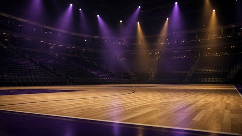 An empty basketball arena before a game, with a polished hardwood court under purple and gold spotlights and dark tiers of empty seats.