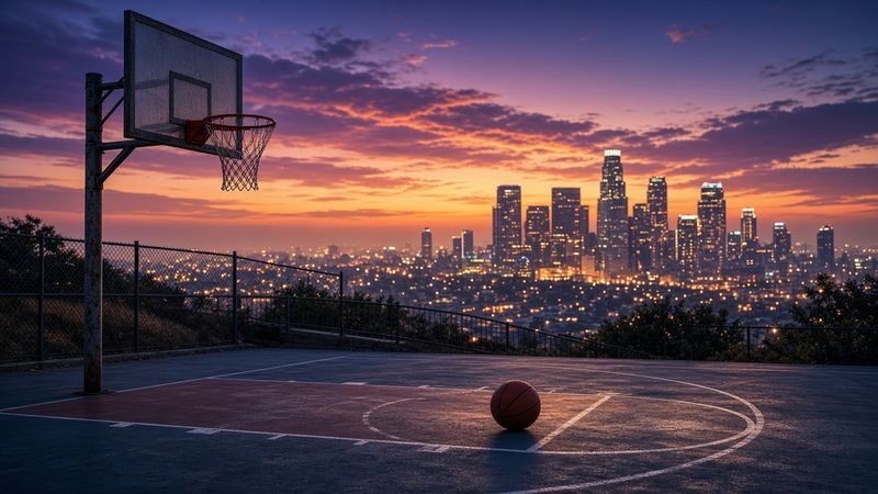 A basketball rests on an empty hillside outdoor court beside a chain-net hoop, with the downtown Los Angeles skyline glowing under a purple and orange twilight sky.