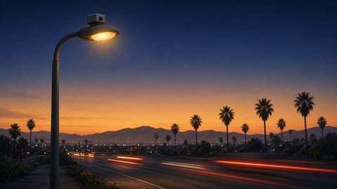 A streetlight with a small camera mounted on top of its lamp stands beside a wide boulevard at dusk, with car taillights streaking past palm trees and a mountain ridge under an orange and indigo sky.