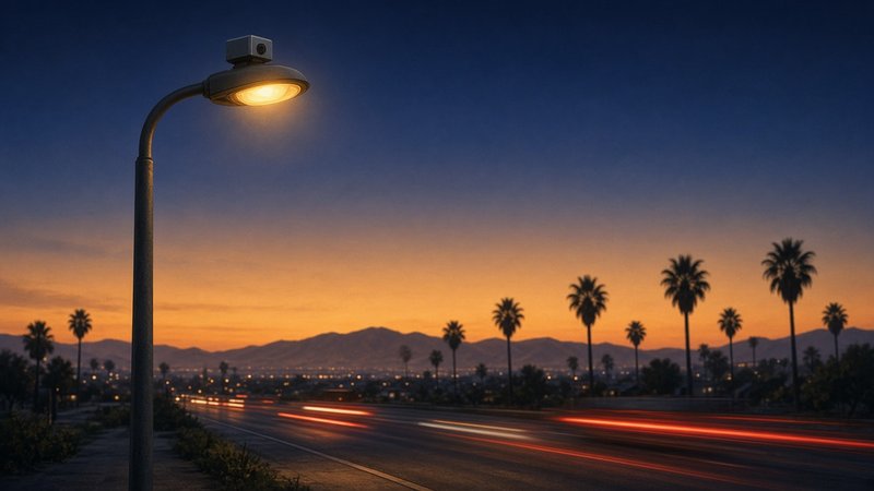 A streetlight with a small camera mounted on top of its lamp stands beside a wide boulevard at dusk, with car taillights streaking past palm trees and a mountain ridge under an orange and indigo sky.