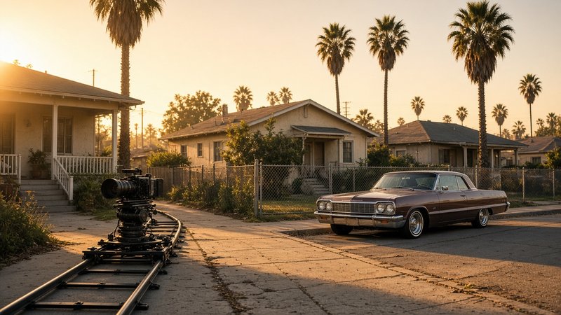 A cinema camera on a dolly track beside a vintage sedan on a palm-lined Los Angeles street of bungalows at golden hour.
