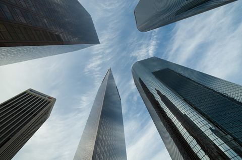 Skyscrapers on Bunker Hill, in Downtown Los Angeles.
Photographed from the ground plane.