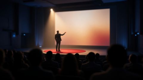 A speaker stands on a dark stage on a round red carpet, one arm raised toward a large glowing screen, seen from behind a seated audience in silhouette.