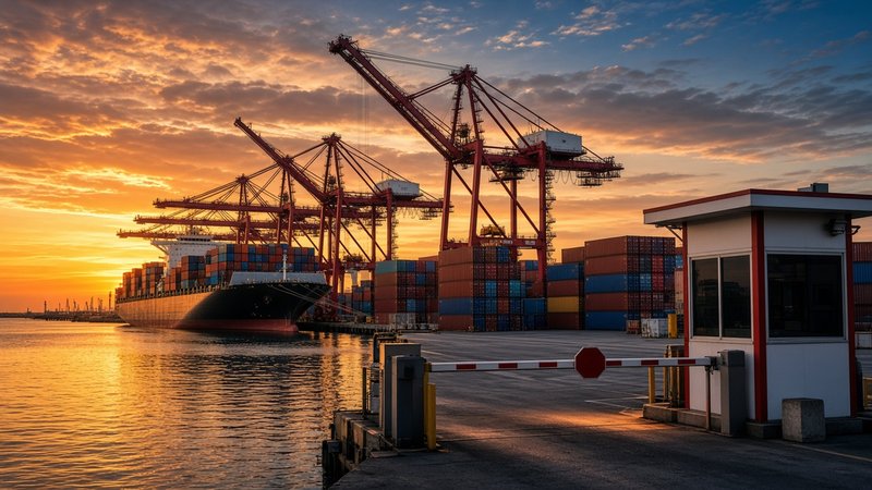 Red and white gantry cranes tower over a container ship and stacks of colorful shipping containers at a harbor terminal at sunset, with a guard booth and lowered gate barrier in the foreground.