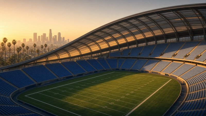 An empty football stadium seen from high in the stands at golden hour, with sunlight pouring through a sweeping translucent canopy roof onto green turf and rows of blue seats, and palm trees and the downtown Los Angeles skyline glowing in the distance.
