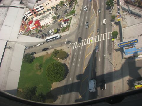 Sepulveda Boulevard taken from onboard a United Airlines Boeing 757.  An In-N-Out Burger restaurant and a Goodyear tire store are in the pho