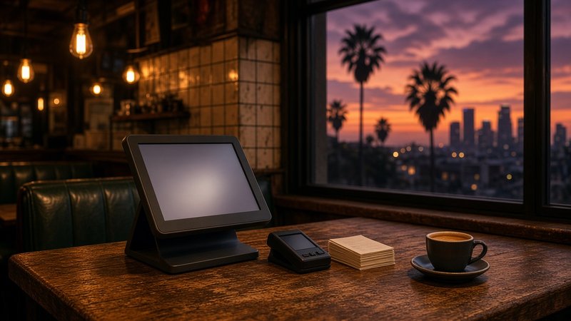 An unbranded point-of-sale tablet with a blank glowing screen and a small card reader on a worn wooden restaurant counter beside a stack of paper receipts and an espresso cup, with green leather booths, tiled walls and Edison bulbs behind it and palm trees against a violet sunset and the downtown Los Angeles skyline through the window.