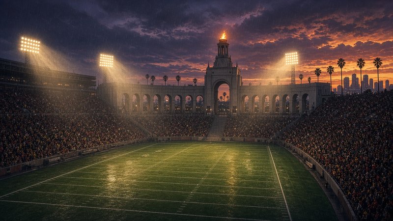 A packed historic college football stadium at twilight in light rain, seen from high in the end-zone stands, with floodlights shining on a wet green field, a long arched colonnade topped by a lit torch tower, and palm trees and the downtown Los Angeles skyline under violet and orange storm clouds.