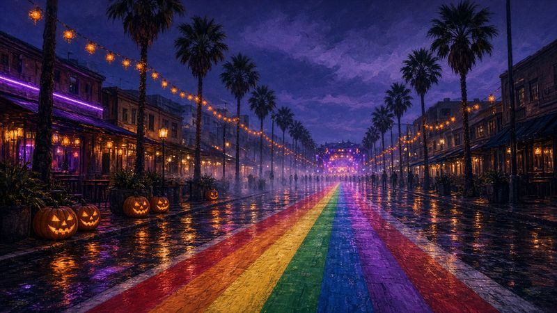 A rain-slicked boulevard at dusk lined with palm trees, glowing storefronts and strings of orange lights, with a rainbow stripe painted down the wet pavement, carved jack-o'-lanterns on the curb and festival stage lights glowing in the misty distance.